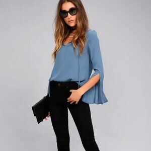 Lulu's Carefully Curated Long Sleeve Blouse in Dusty Blue SZ M